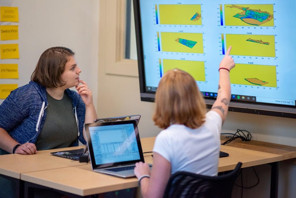 两个计算机科学专业的学生在一个大屏幕上复习五个彩色图表