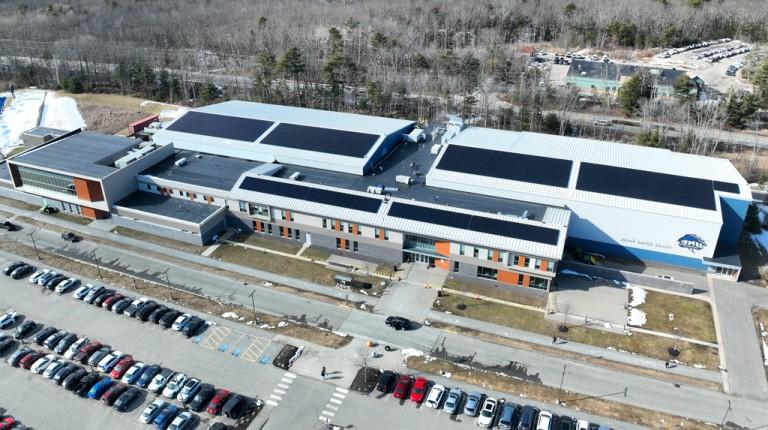 An aerial view of the Alfond Forum's solar panels