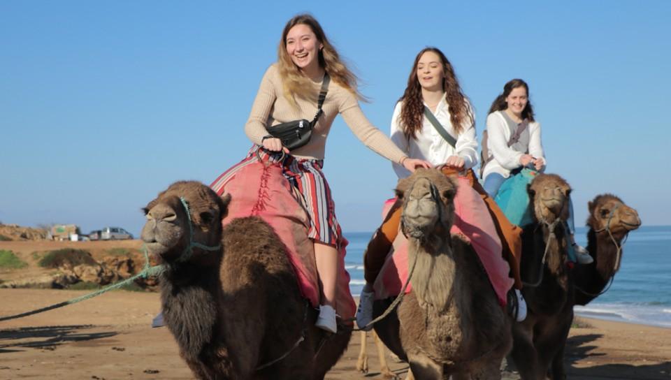 Photo of students riding camels in Morocco
