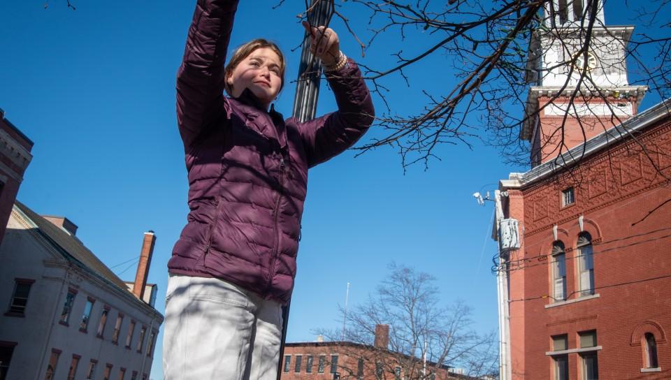 A student hangs lights on a tree outside Biddeford City Hall